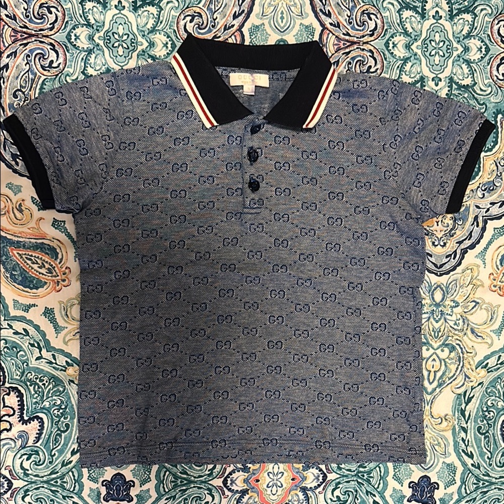 Authentic Gucci Kids GG Print navy blue and white Polo Shirt